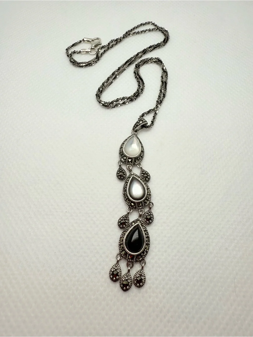 Vintage Italian Art Deco Marcasite Onyx Mother of Pearl Chandelier Drop Necklace